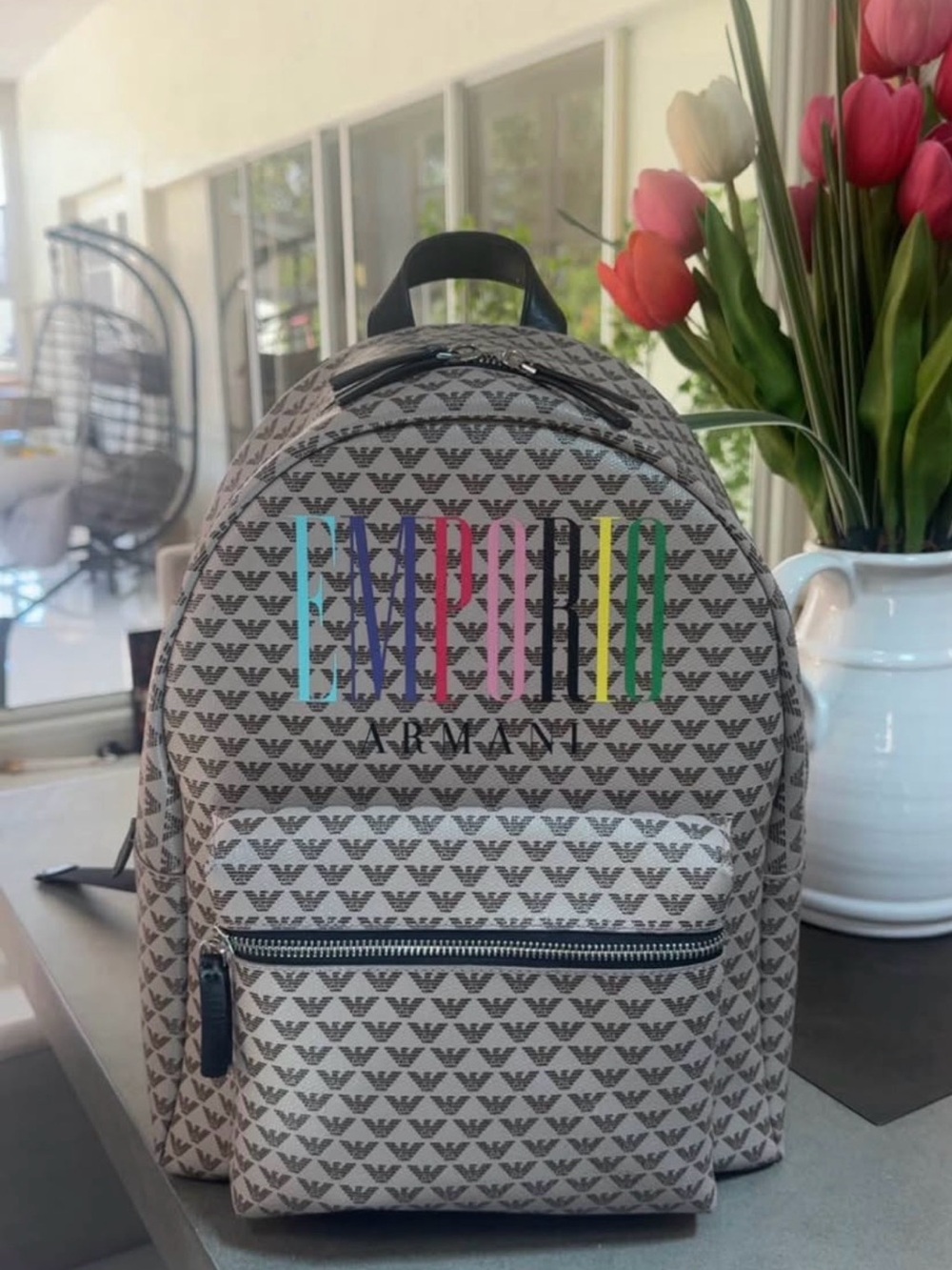 Emporio Armani Beige Logo Backpack with Rainbow Branding
